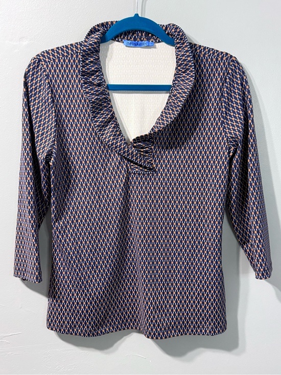 J. McLaughlin Tops - J. McLaughlin Durham Ruffle Blouse Navy Orange Geometric Top Size Medium